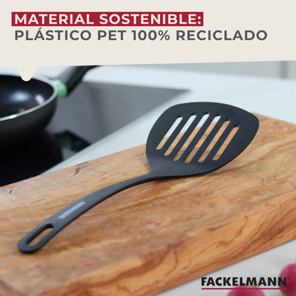 Fackelmann Fenix Slotted Spatula: 100% RPET Recycled Plastic, Heat Resistant 230°C, Non-Scratch, 31cm Black