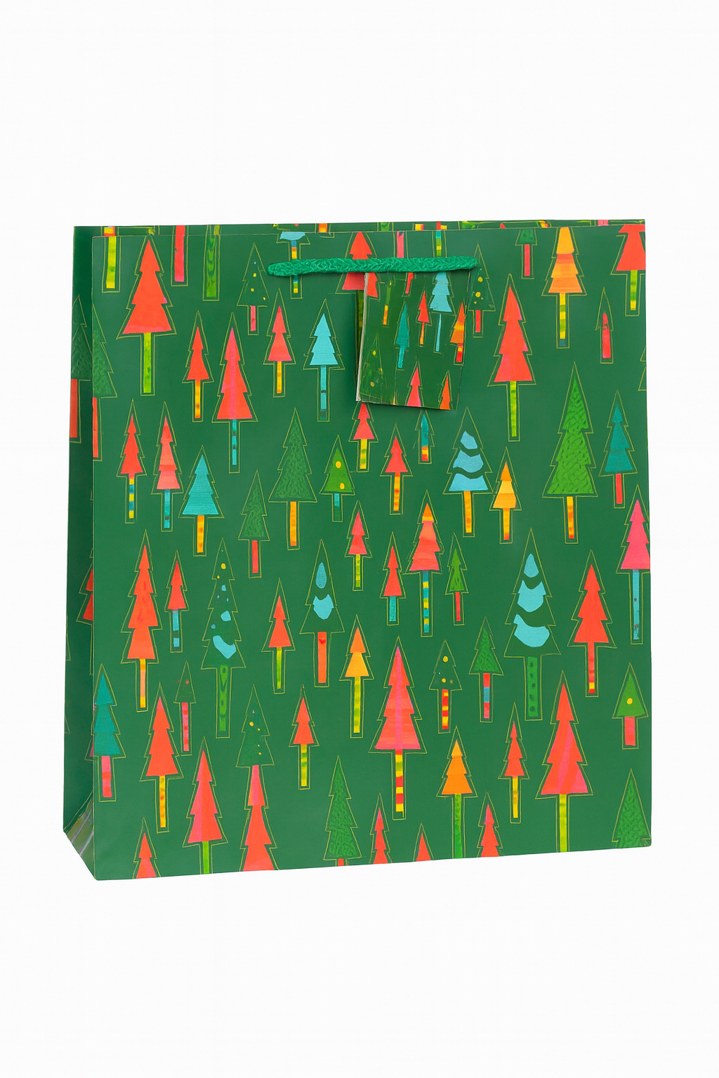 Gift bag with colorful Christmas tree pattern on a green background
