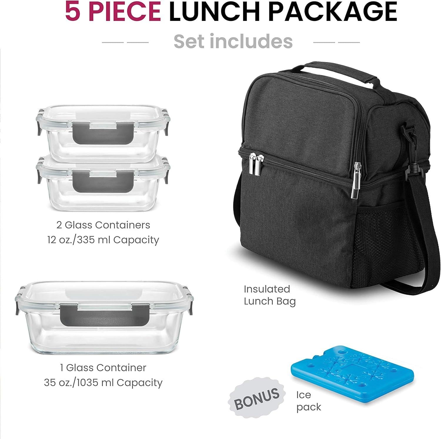 FineDine Insulated Lunch Bag with Glass Food Containers