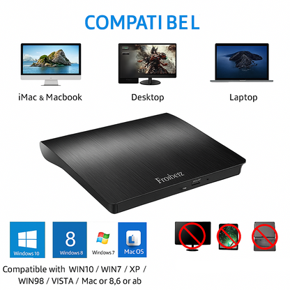 Black external DVD drive with compatibility icons for various devices on a white background