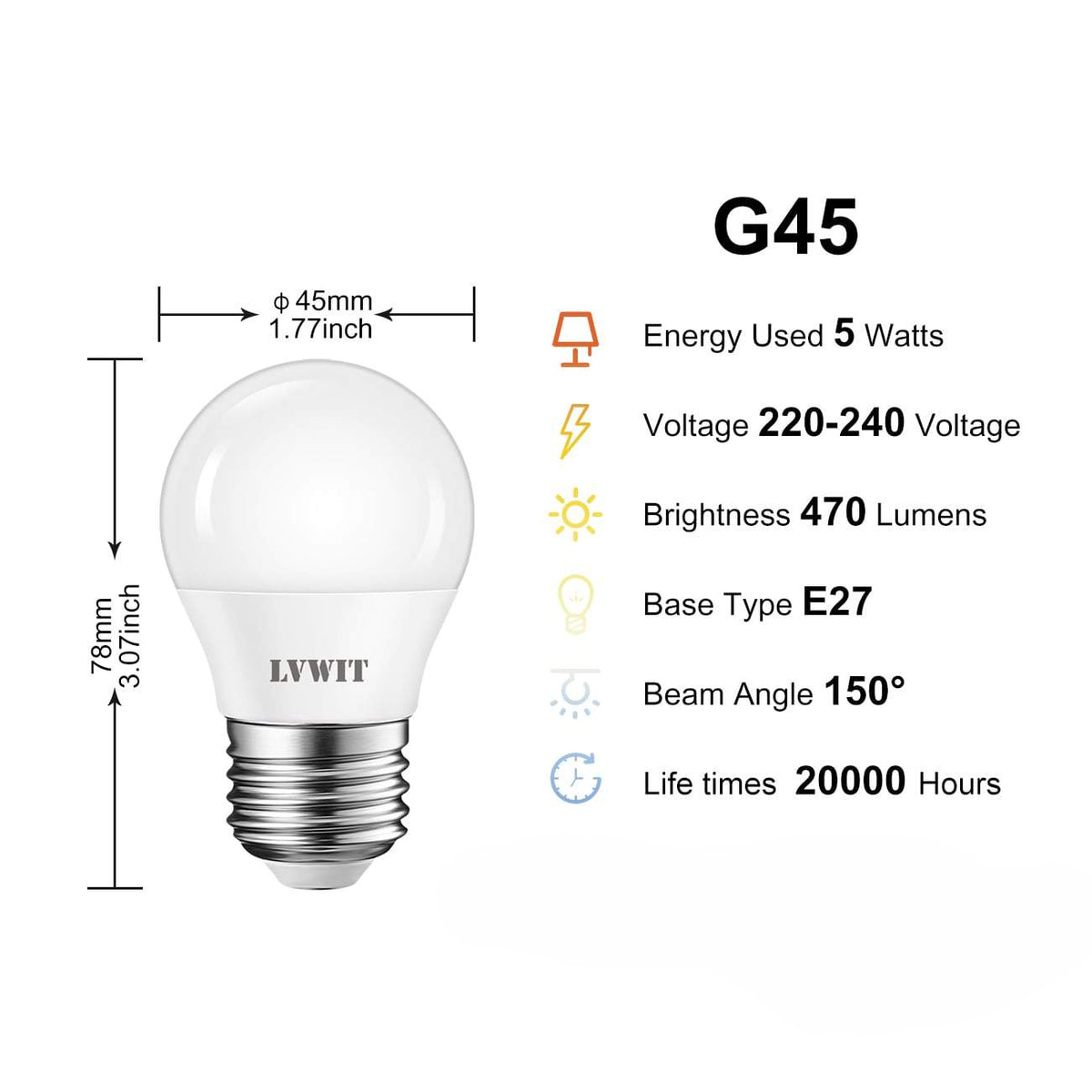 LVWIT G45 E27 LED Light Bulbs 4.5W 470lm 2700K