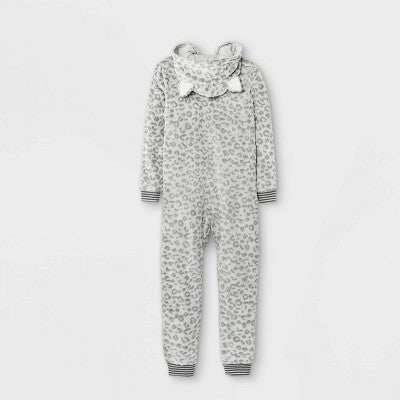 Girls' Leopard Print Hooded Union Suit Pajamas Cat & Jack Cream Gray