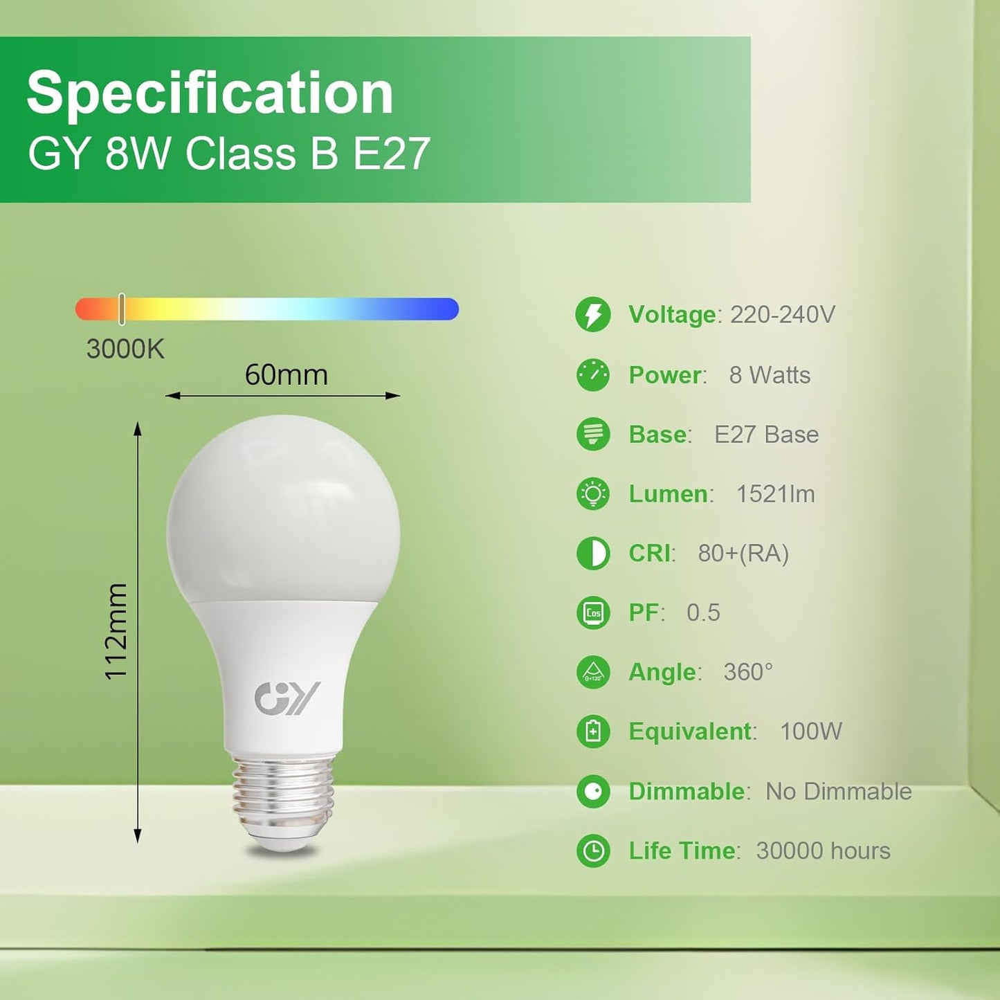 GY Ultra 8W E27 LED Bulb 1521 Lumens 3000K–6500K