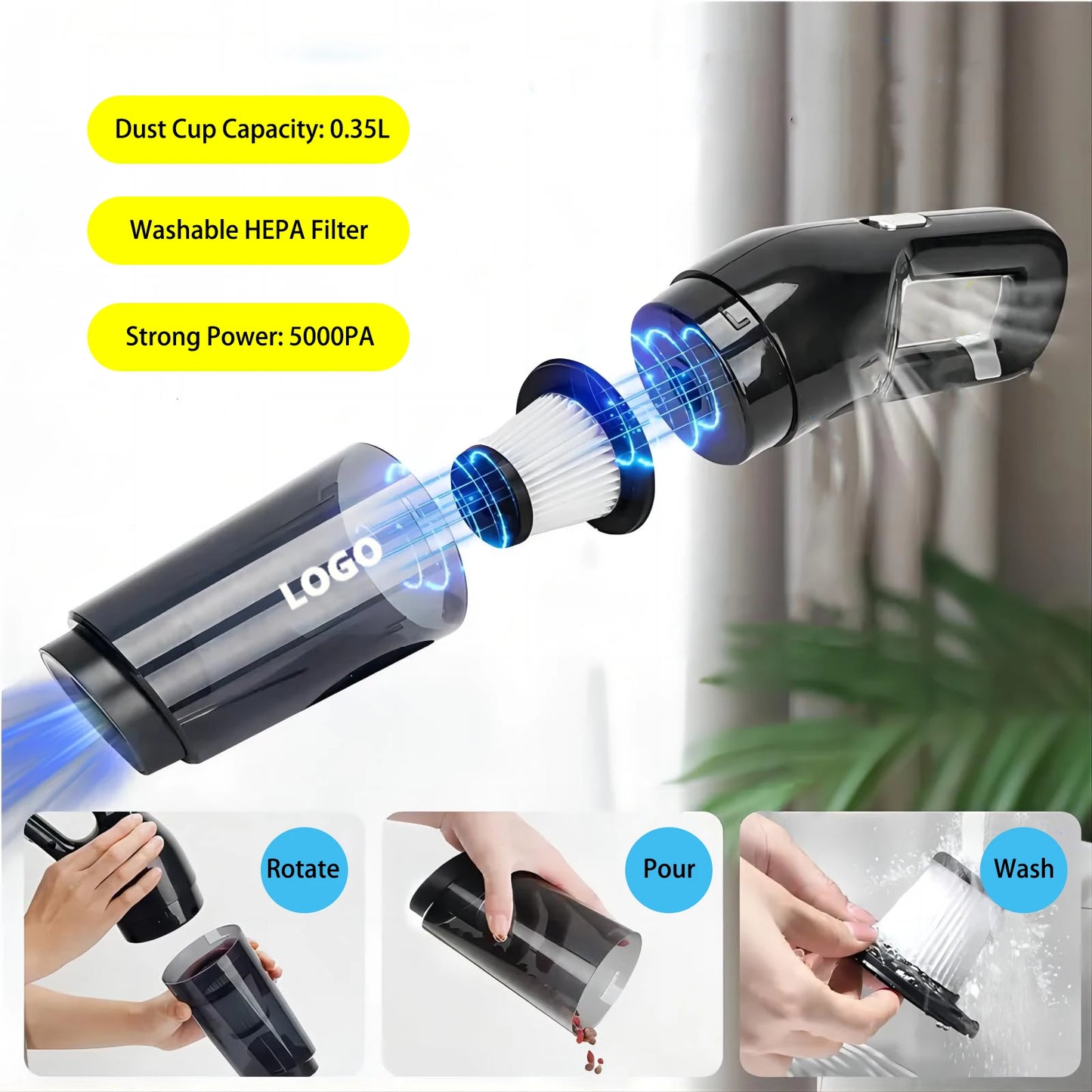 Portable Handheld Rechargeable Vacuum Cleaner with Large Dust Bin