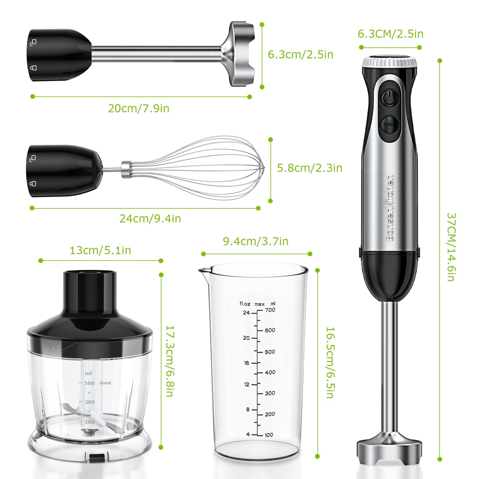 Bonsenkitchen Stainless Steel Immersion Hand Blender 20-Speed Turbo