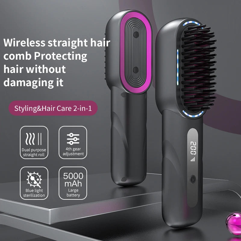 4-Speed Portable Cordless 3-in-1 Hair Straightening & Curling Brush