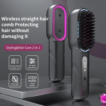 4-Speed Portable Cordless 3-in-1 Hair Straightening & Curling Brush