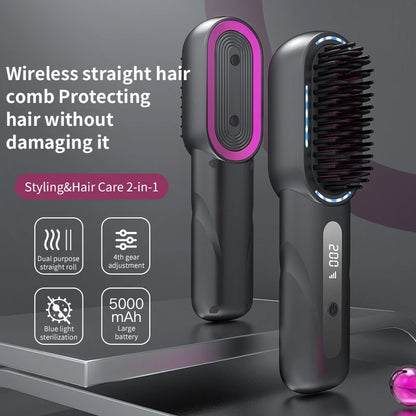 4-Speed Portable Cordless 3-in-1 Hair Straightening & Curling Brush