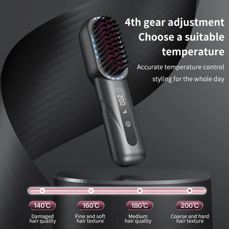 4-Speed Portable Cordless 3-in-1 Hair Straightening & Curling Brush