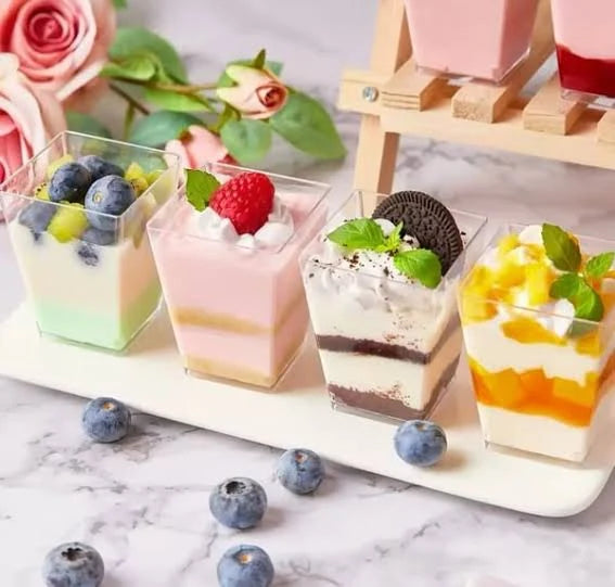 BASVII Square Plastic Dessert Glasses with Spoons, 50Pcs