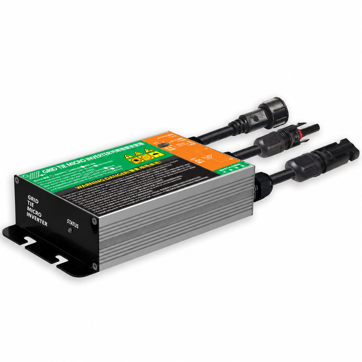 A solar micro inverter unit with a silver aluminum ribbed casing, black front and back panels, and two black connector cables, shown on a plain white background.
