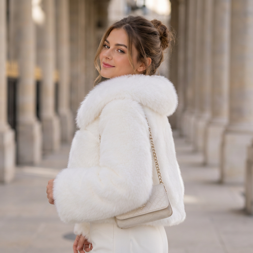 Women's Elegant White Faux Fur Wrap Jacket