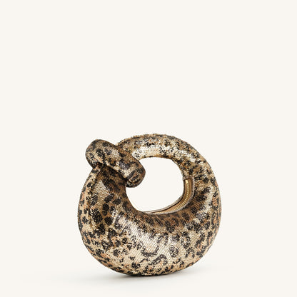 Abacus Metallic Sequin Mini Top Handle Leopard Print Bag