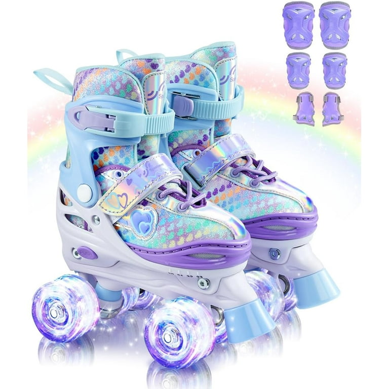 Adjustable Kids Roller Skates with Protective Gear Set, LED Light-Up Wheels