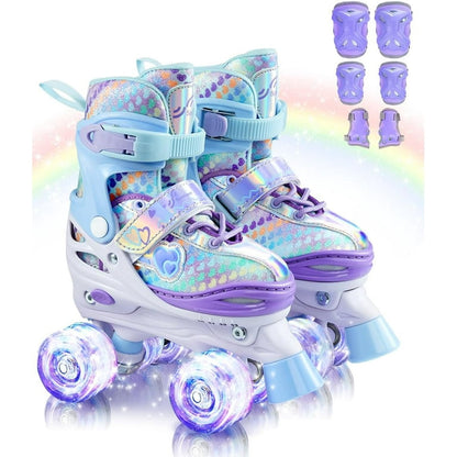 Adjustable Kids Roller Skates with Protective Gear Set, LED Light-Up Wheels