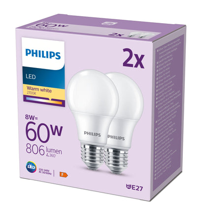 Philips LED Bulb 60W A60 E27 Frosted 806 lm 2700K 2-Pack