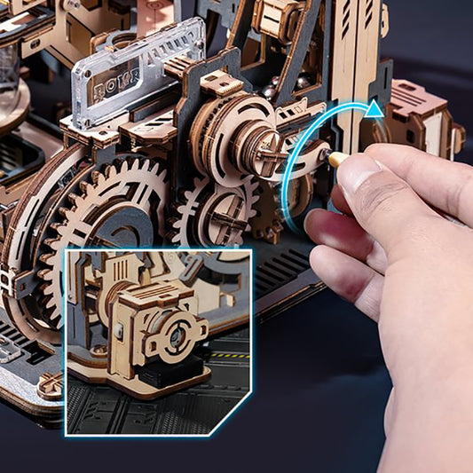 ROKR Motorized Marble Spaceport Run 3D Wooden Puzzle Kit with Gears & Loop