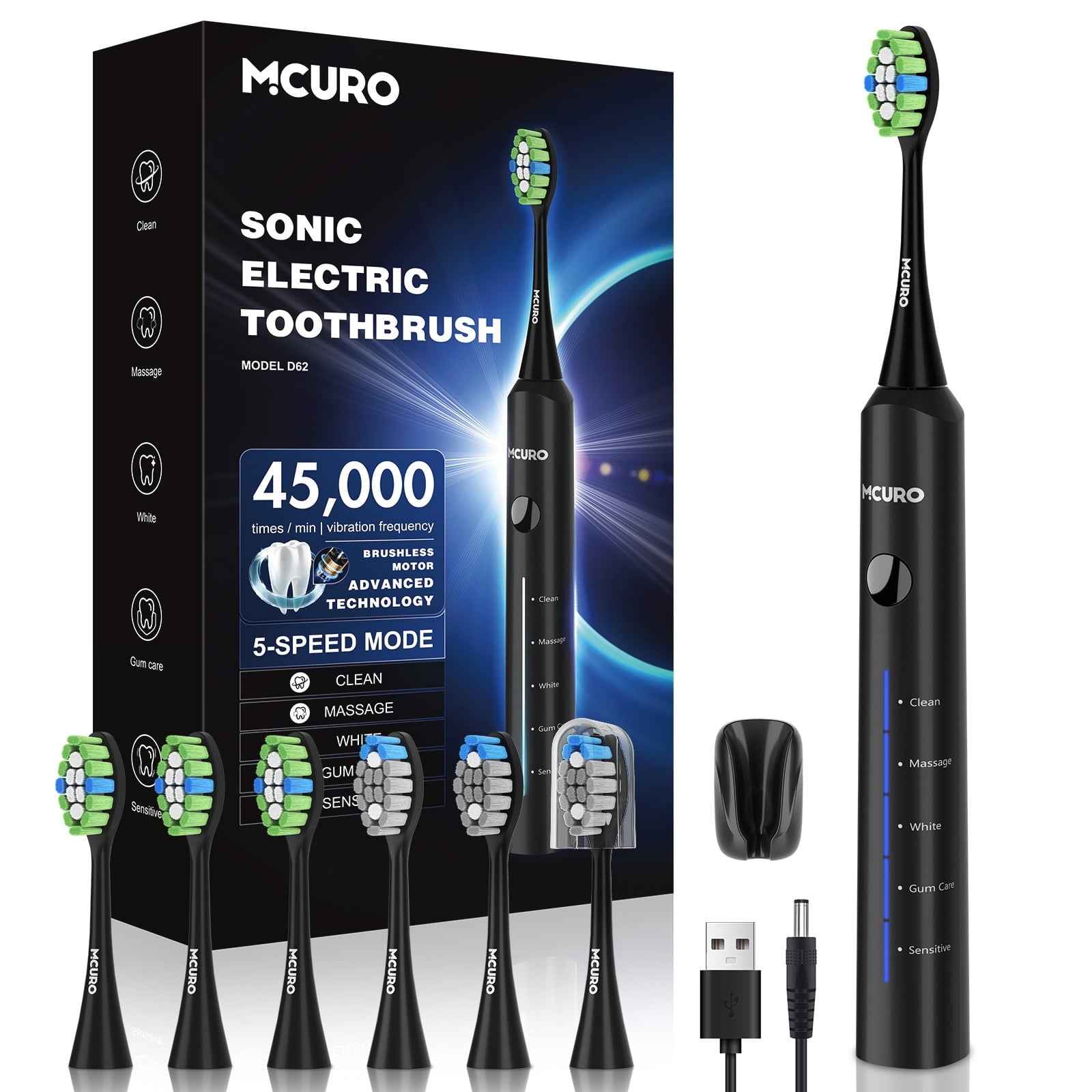 MCURO Sonic Electric Toothbrush: 45,000 VPM, 120-Day Rechargeable Battery, Black