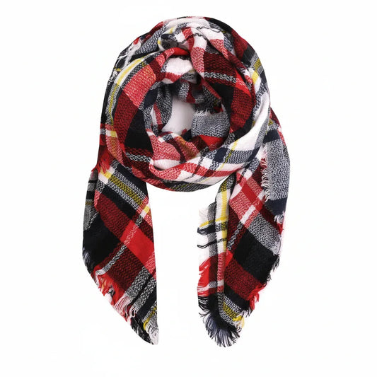 MIXIT Soft Classic Black Red and White Plaid Fringe Scarf - Gomix Brands Outlet