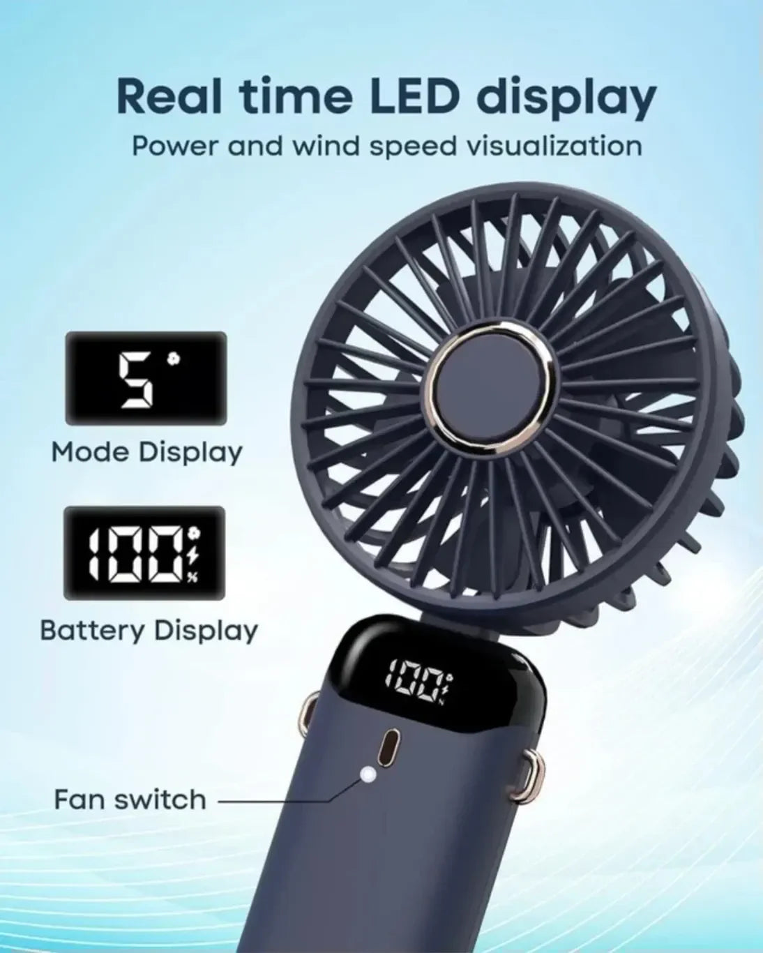 N15 3015 USB Portable Handheld Foldable Digital Display Neck Fan