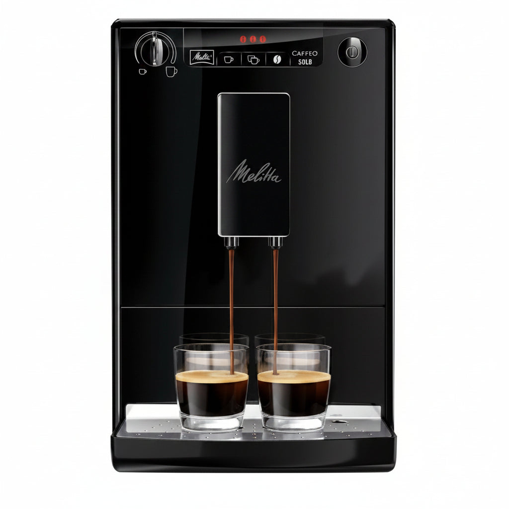 Black Melitta coffee machine dispensing coffee into two glasses on a white background