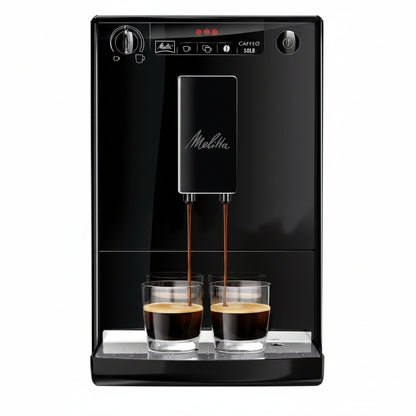 Black Melitta coffee machine dispensing coffee into two glasses on a white background