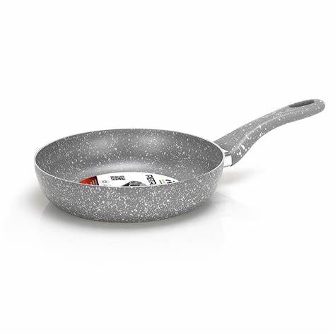 Gray speckled frying pan on a white background