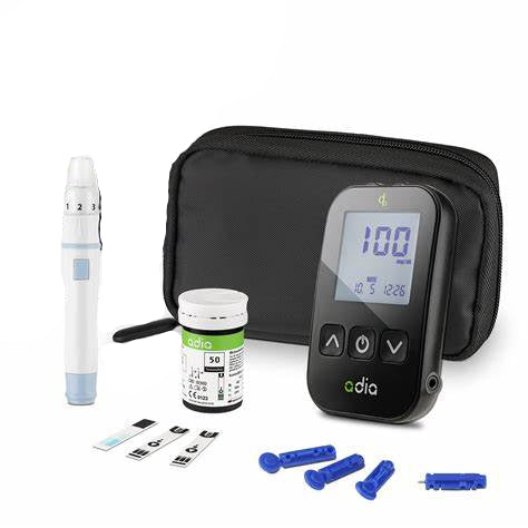 Diabetes testing kit with 'adia' branding on a white background