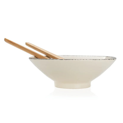 Ukiyo-Home Elegant White Salad Bowl with Bamboo Servers: Perfect for Modern Dining - Gomix Brands Outlet