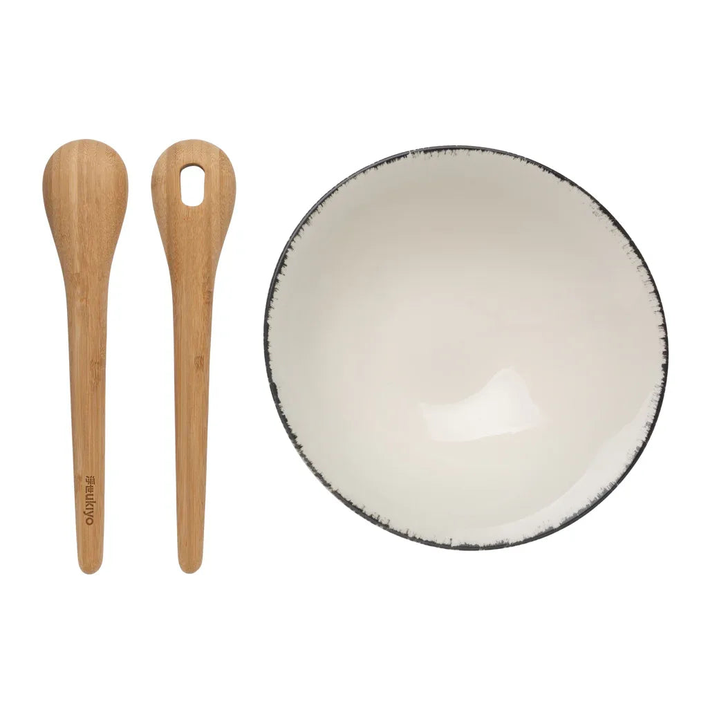 Ukiyo-Home Elegant White Salad Bowl with Bamboo Servers: Perfect for Modern Dining - Gomix Brands Outlet