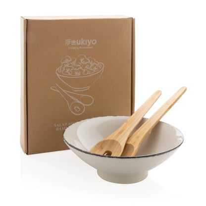 Ukiyo-Home Elegant White Salad Bowl with Bamboo Servers: Perfect for Modern Dining - Gomix Brands Outlet