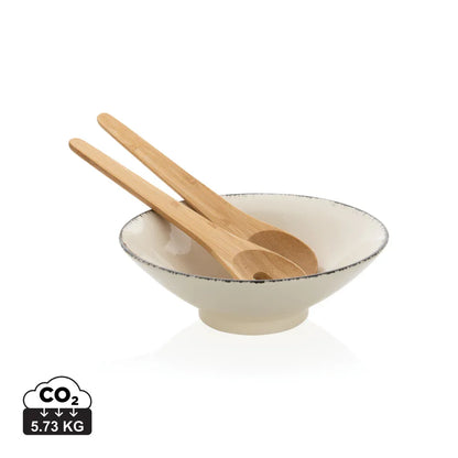 Ukiyo-Home Elegant White Salad Bowl with Bamboo Servers: Perfect for Modern Dining - Gomix Brands Outlet