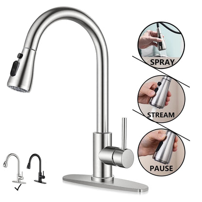 PHANCIR High-Arc Brushed Nickel Kitchen Faucet with Pull-Down Sprayer & Pause Button