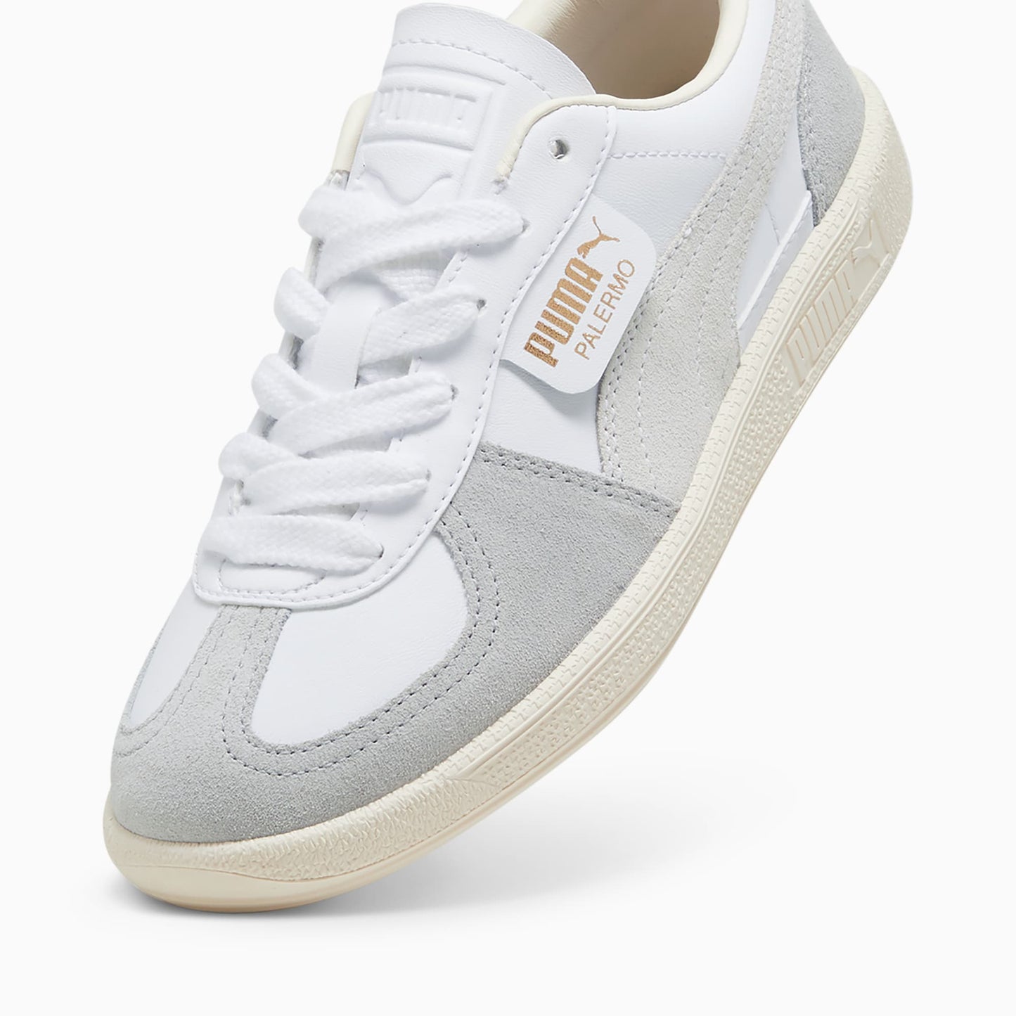 PUMA Palermo Youth Sneakers: White-Cool Light Gray-Sugared Almond Classic Terrace Style