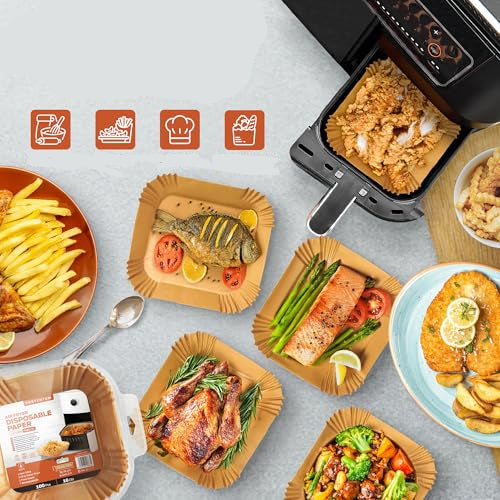 PORTENTUM Air Fryer Paper 100 Sheets 20-24 cm Square Food-Grade
