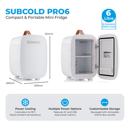 Subcold Pro6 6L Mini Fridge – Portable White Cooler with USB Power