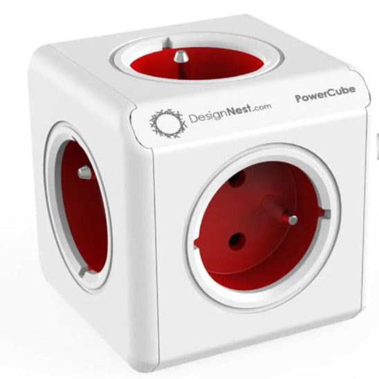 POWERCUBE 5-Outlet Power Strip, 3-Meter Cord, Red Schuko Surge Protector