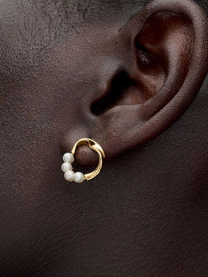 Pandora 14k Gold Plated Twisted Oval Freshwater Pearl Circle Stud Earrings