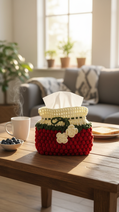 Handmade Crochet Burgundy Tissue Box with Floral Detail