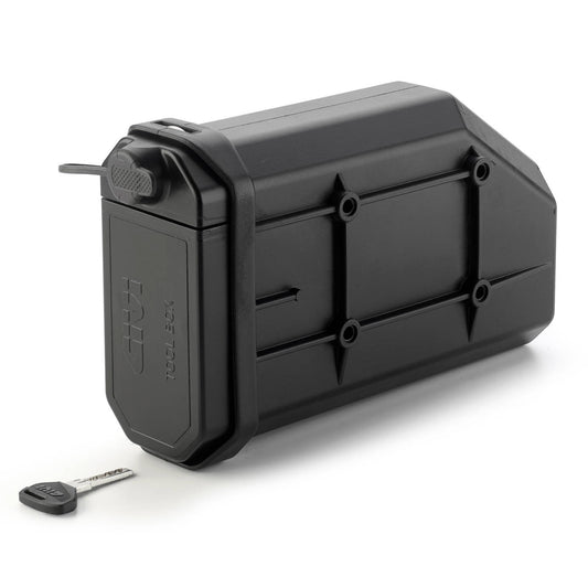 Black tool box with a key on a white background