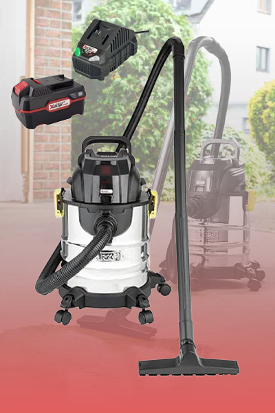 Vacuum cleaner with attachments on a red background