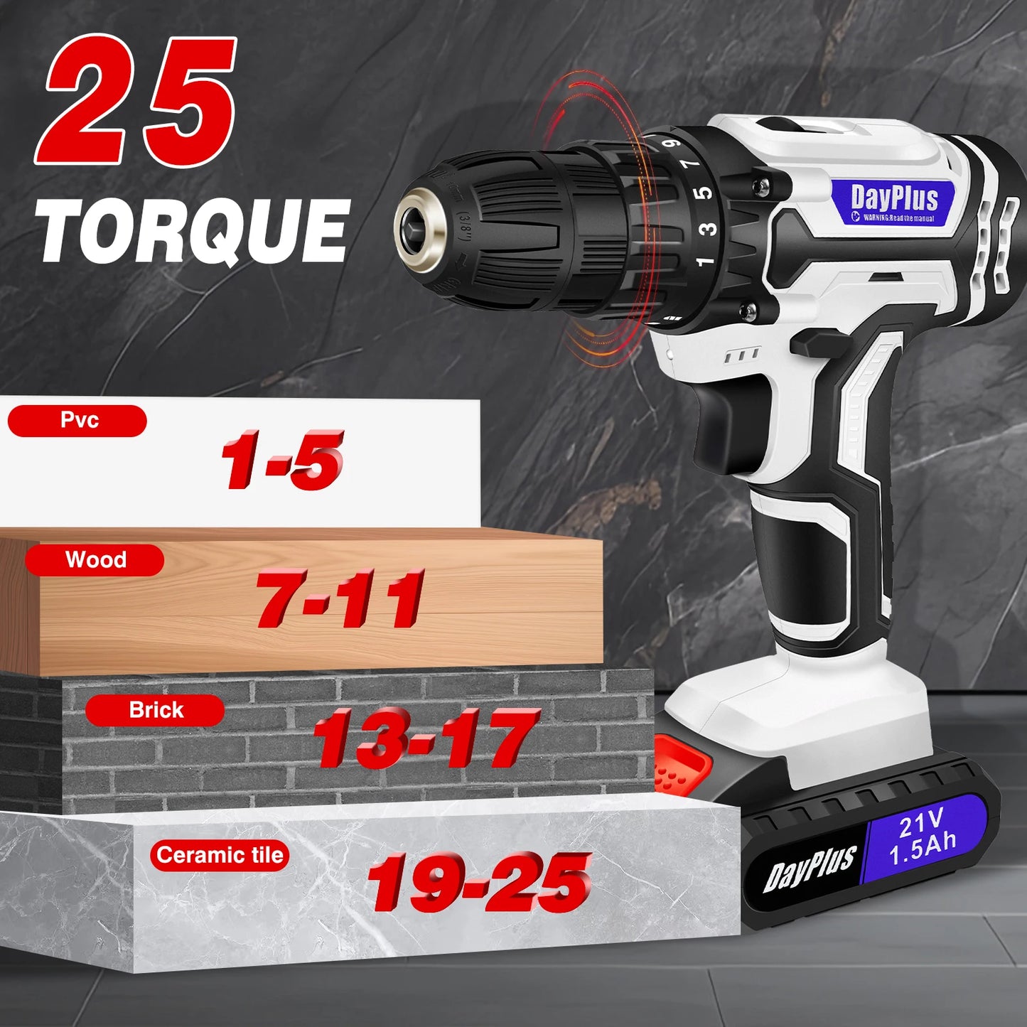 DayPlus 21V Cordless Drill Set with 2 Batteries