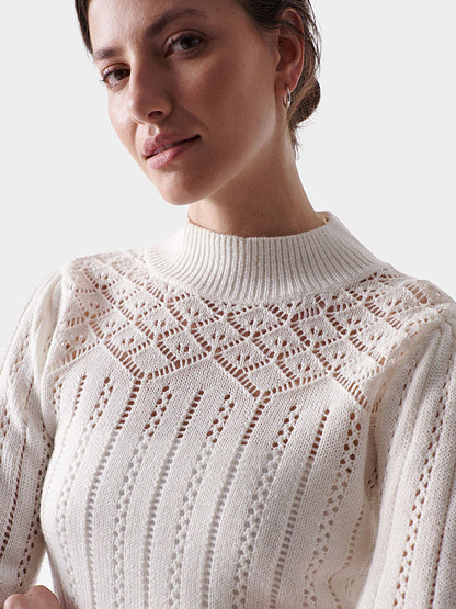 Salsa Women's White Openwork Knit Sweater – Elegant Long Sleeve Pullover Top