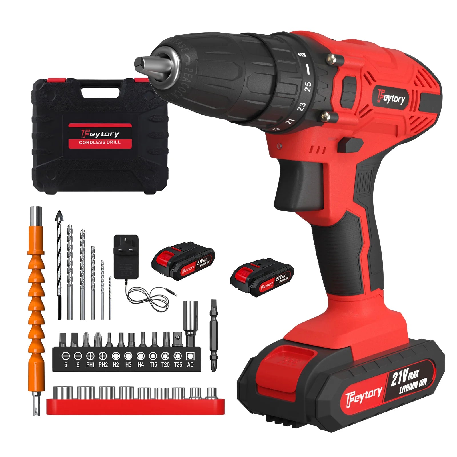 Feytory 21V Cordless Power Drill with 45Nm Torque