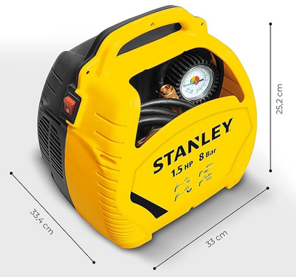 Yellow and black Stanley air compressor with dimensions on a white background