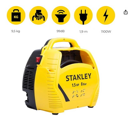 Yellow and black Stanley portable pressure washer with specifications on a white background