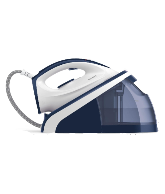 White and blue steam iron on a white background