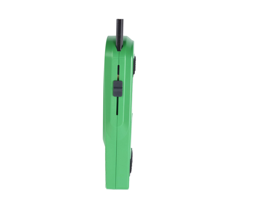 Green electronic device with a black pencil on a white background