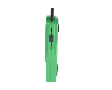 Green electronic device with a black pencil on a white background