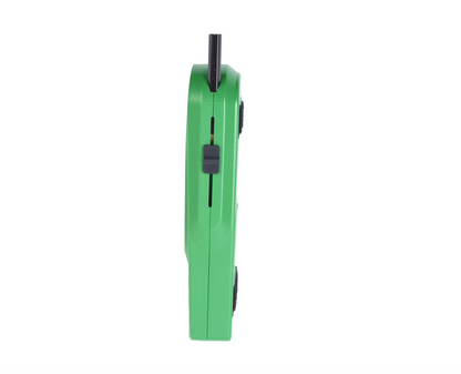 Green electronic device with a black pencil on a white background